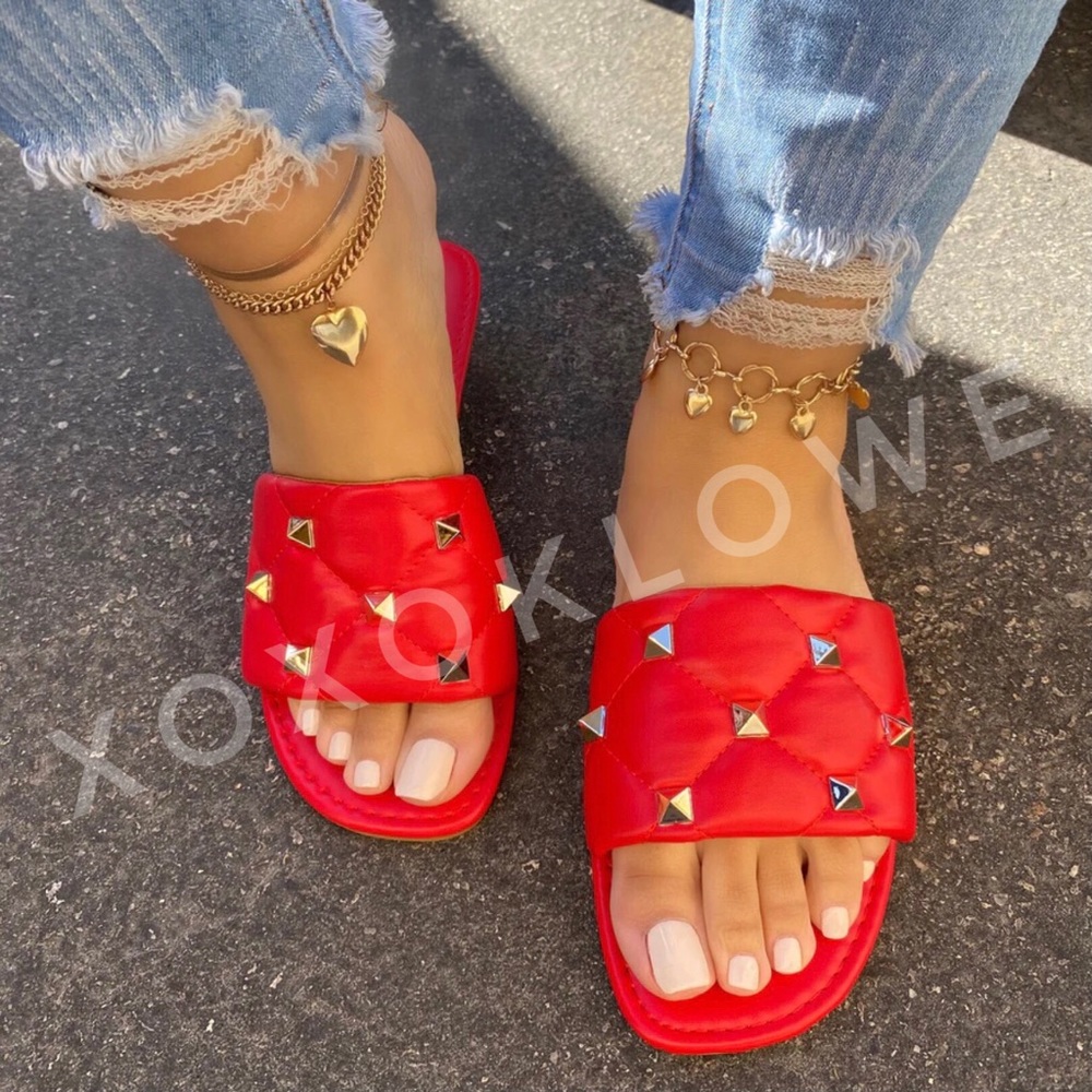 Gold Studded Quilted Wide Band Sandal Slide